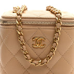 Lambskin Quilted Pearl Crush Mini Vanity Case With Chain Beige