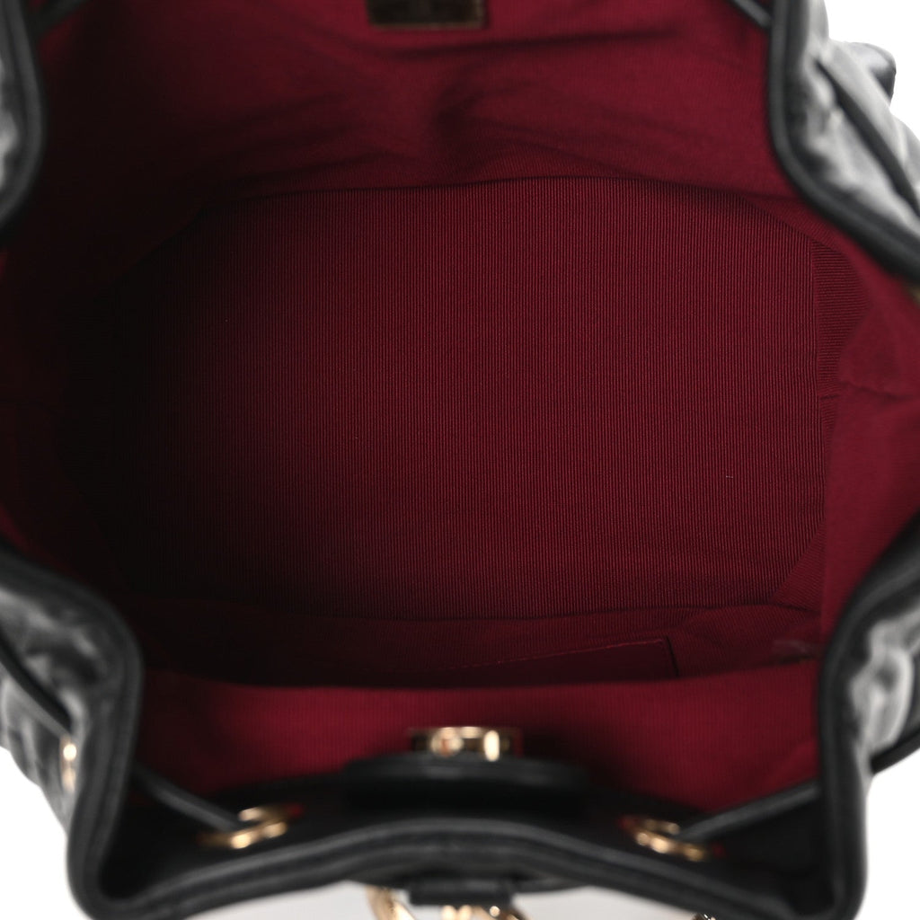 Lambskin Quilted Double Pocket Drawstring Backpack Black