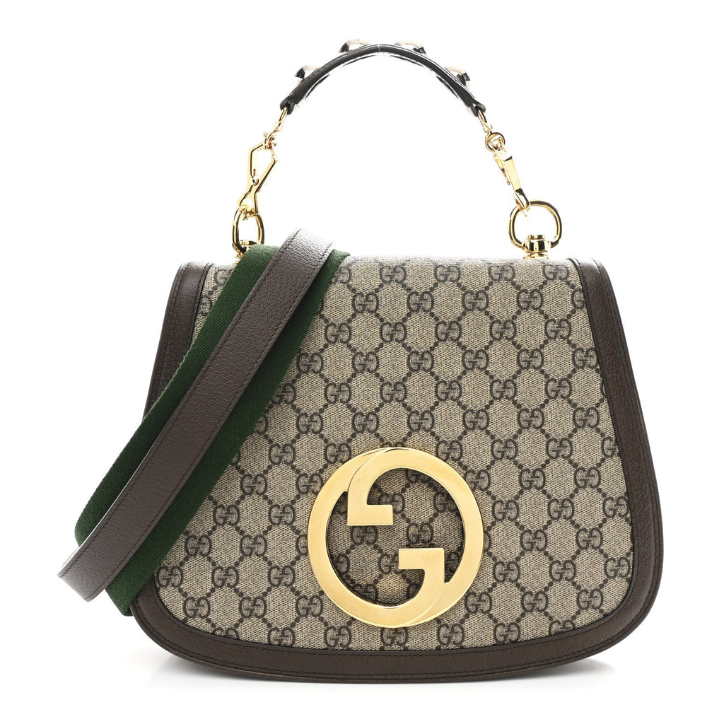 GG Supreme Monogram Textured Dollar Calfskin Web Medium Blondie Top Handle Shoulder Flap Bag Beige Ebony New Acero