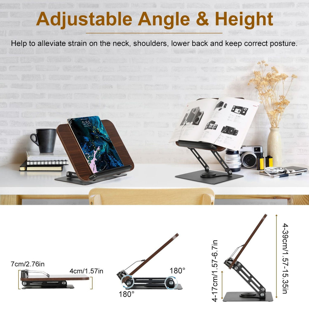 1Pc Book Stand for Reading Foldable Wood Book Holder Reading Rack Paper Stand with Adjustable Height 360° Rotatable Base Dual Paper Clips for Book Sheet Music Laptop Drawing Tablet