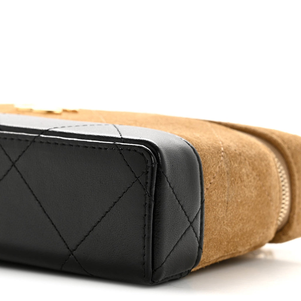 Suede Calfskin Shiny Lambskin Quilted Top Handle Slim Vanity Case With Chain Beige Black