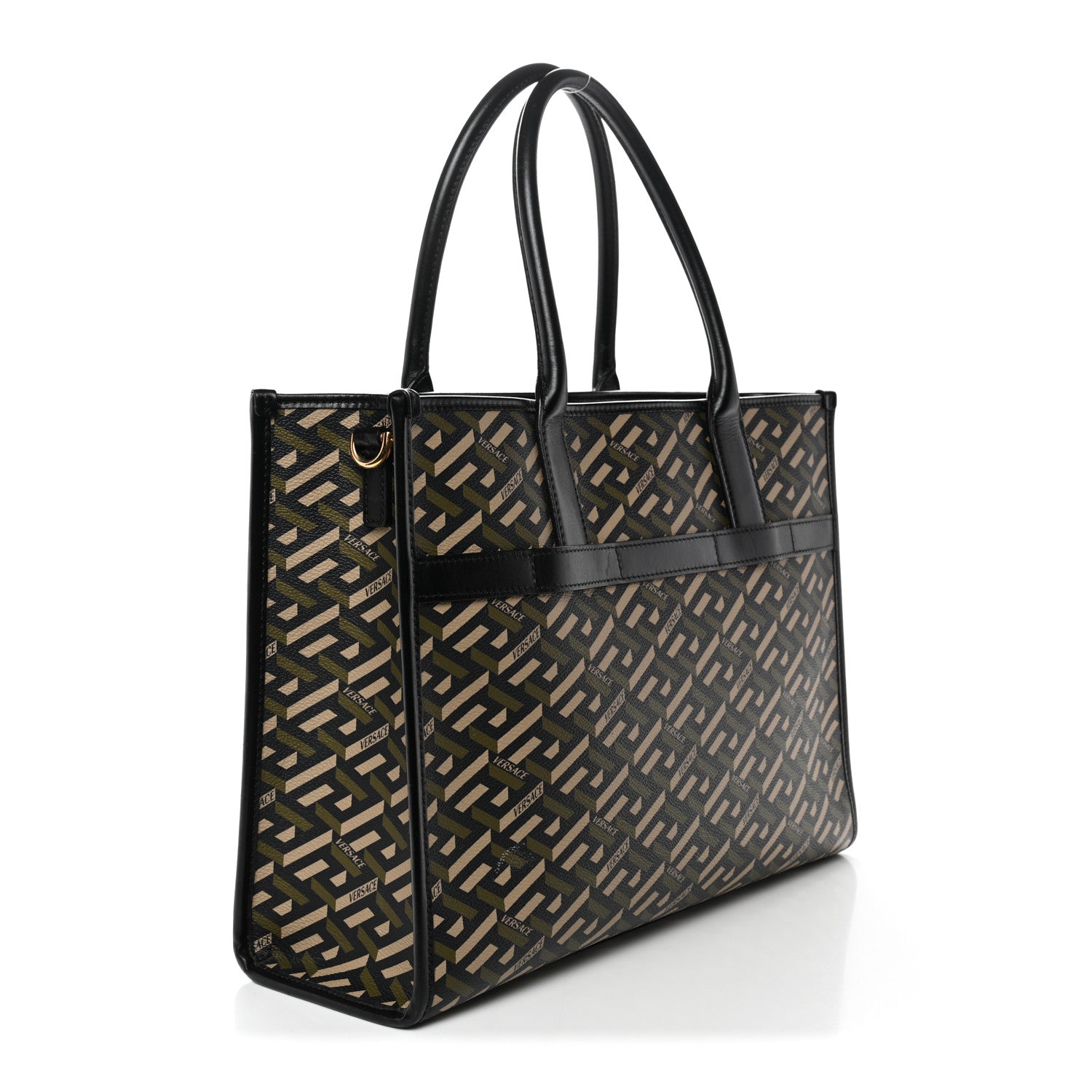 Coated Canvas Calfskin La Greca Signature Tote Bag Black Khaki