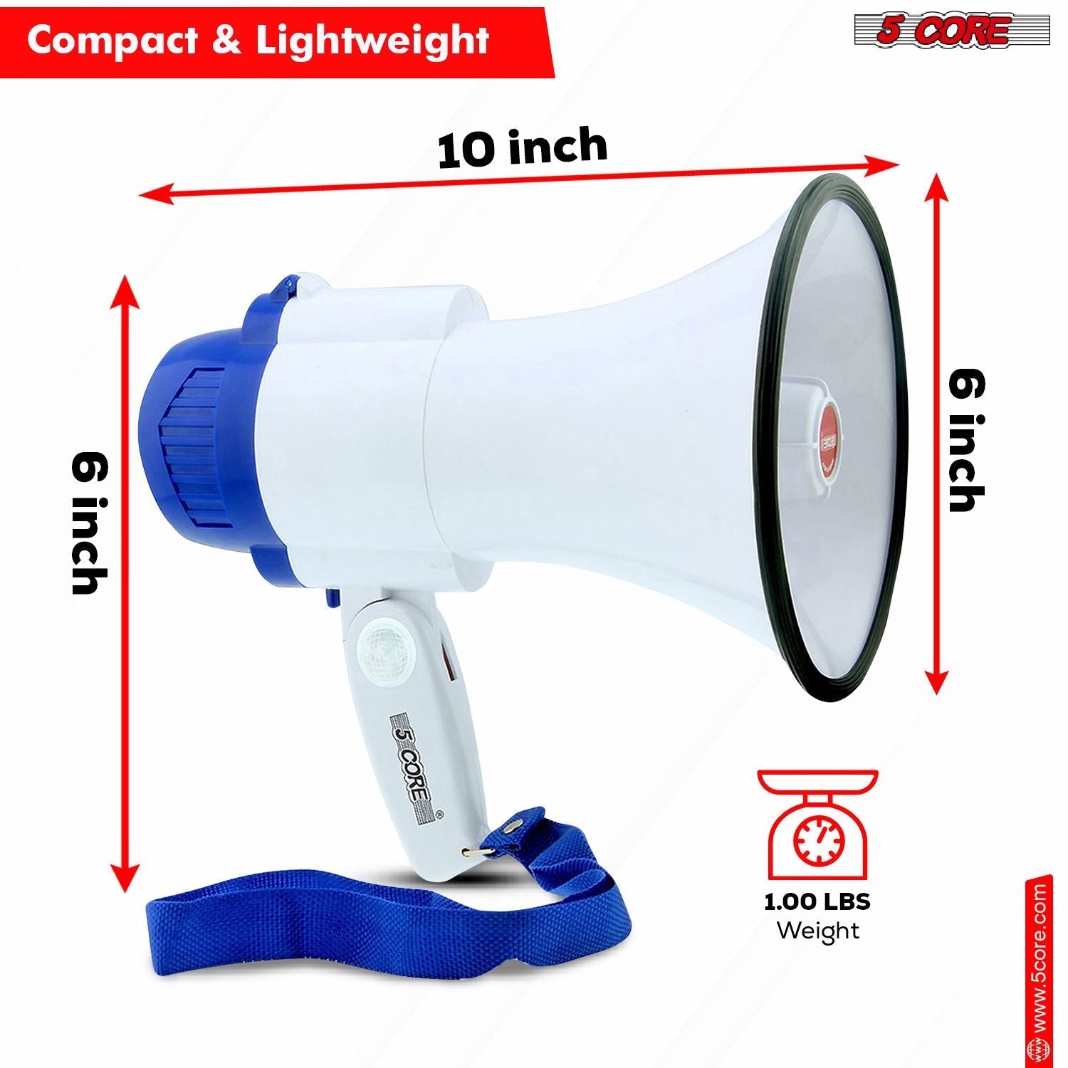 5 Core Megaphone 30W Bull Horn PA Speaker w 800 Yards Range Loud Siren Voice Amplifier Portable