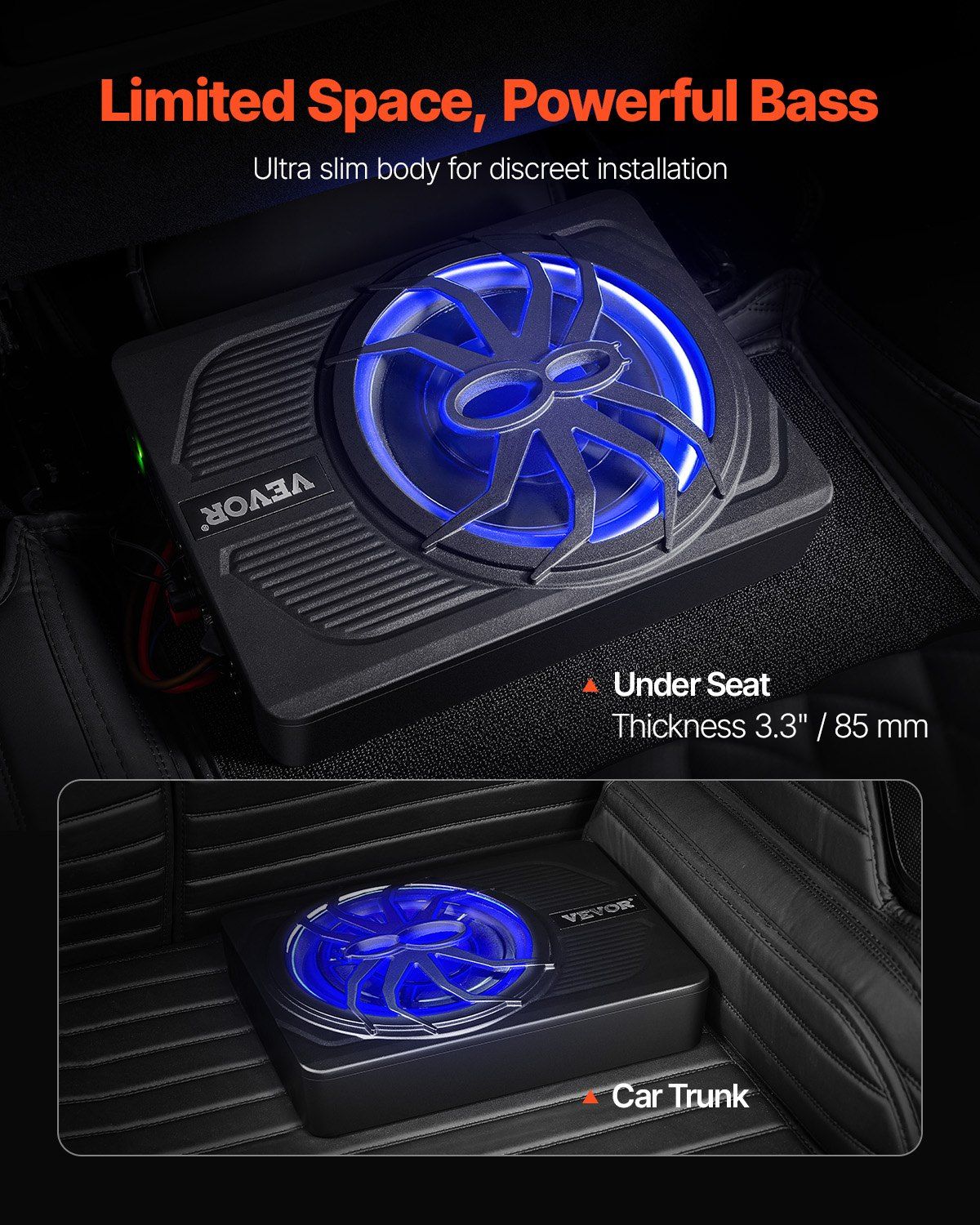 10" 440W Underseat Car Subwoofer, Slim Powered Car Subwoofers with Blue Ambient Light, Low Profile Audio Sub Under the Seat with Built-in Amplifier, Remote Controller for SUVs, Car, Truck, RV