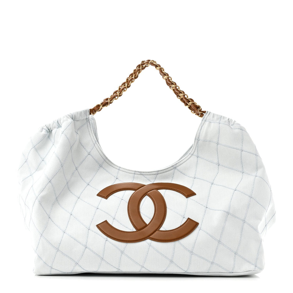 Denim Calfskin Quilted Coco Beach Small Shopping Tote Light Blue Brown