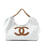 Denim Calfskin Quilted Coco Beach Small Shopping Tote Light Blue Brown