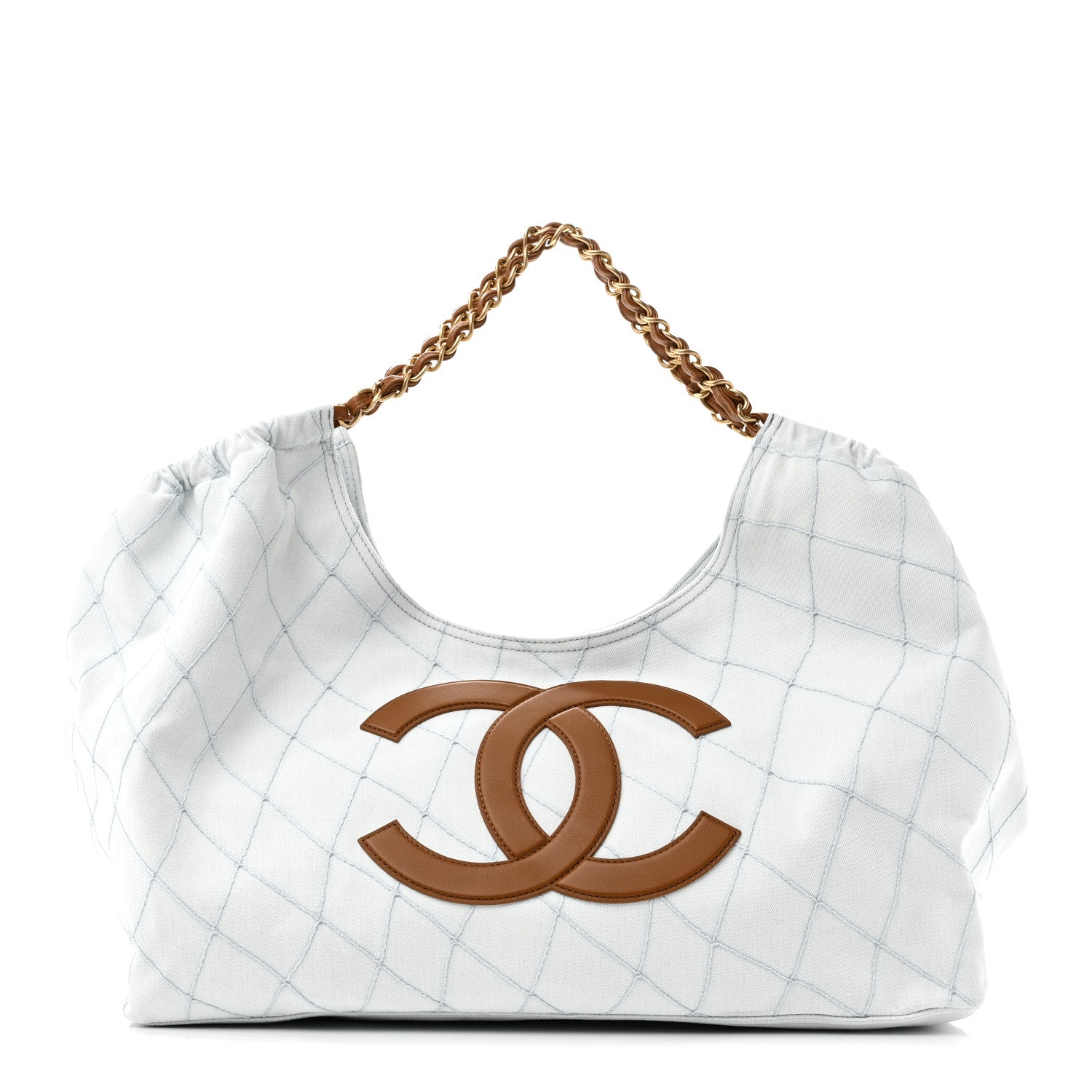 Denim Calfskin Quilted Coco Beach Small Shopping Tote Light Blue Brown
