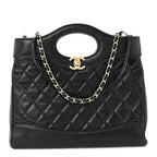 Shiny Crumpled Calfskin Quilted Mini 31 Shopping Bag Black