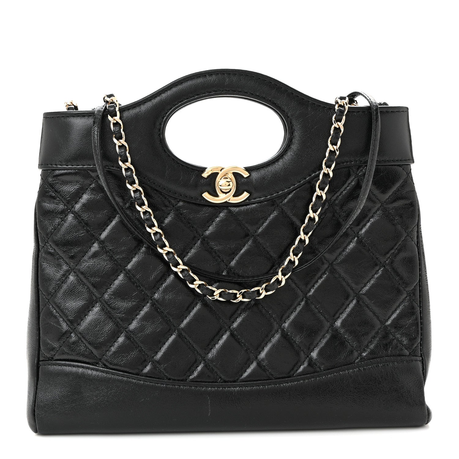 Shiny Crumpled Calfskin Quilted Mini 31 Shopping Bag Black