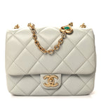 Lambskin Enamel Pearl Quilted Mini Charm Me Square Flap Light Blue