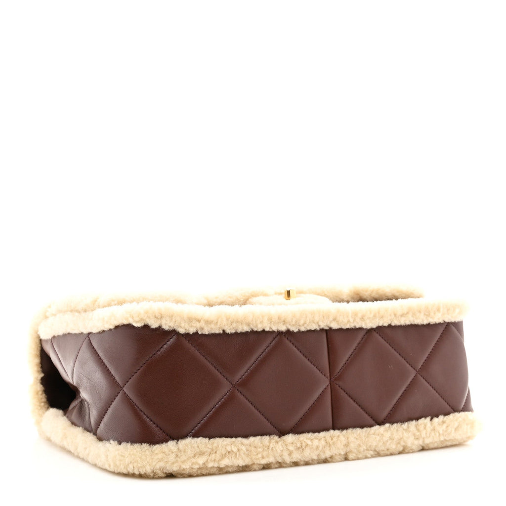 Shearling Lambskin Quilted Large Furry Coco Flap Beige Dark Brown