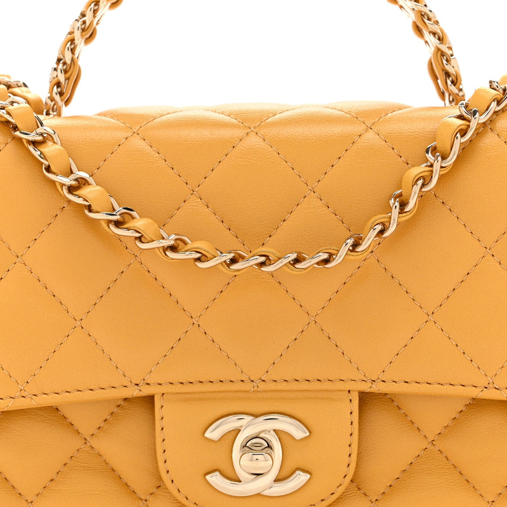 Lambskin Quilted Medium Crystal Top Handle Rectangular Flap Yellow