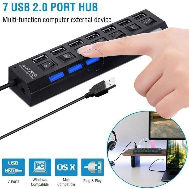 7 Port USB 2.0 Hub Splitter Adapter High Speed For PC Laptop Mac Desktop