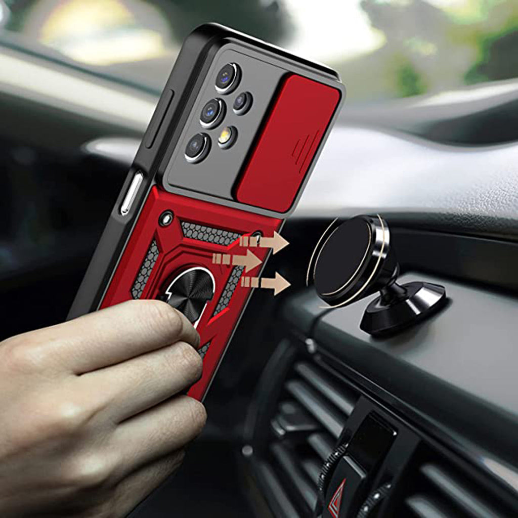 Kickstand Ring Holder With Slide Camera Cover Tpu Shockproof Case And Magnetic Car Mount For Samsung Galaxy A23 In Red