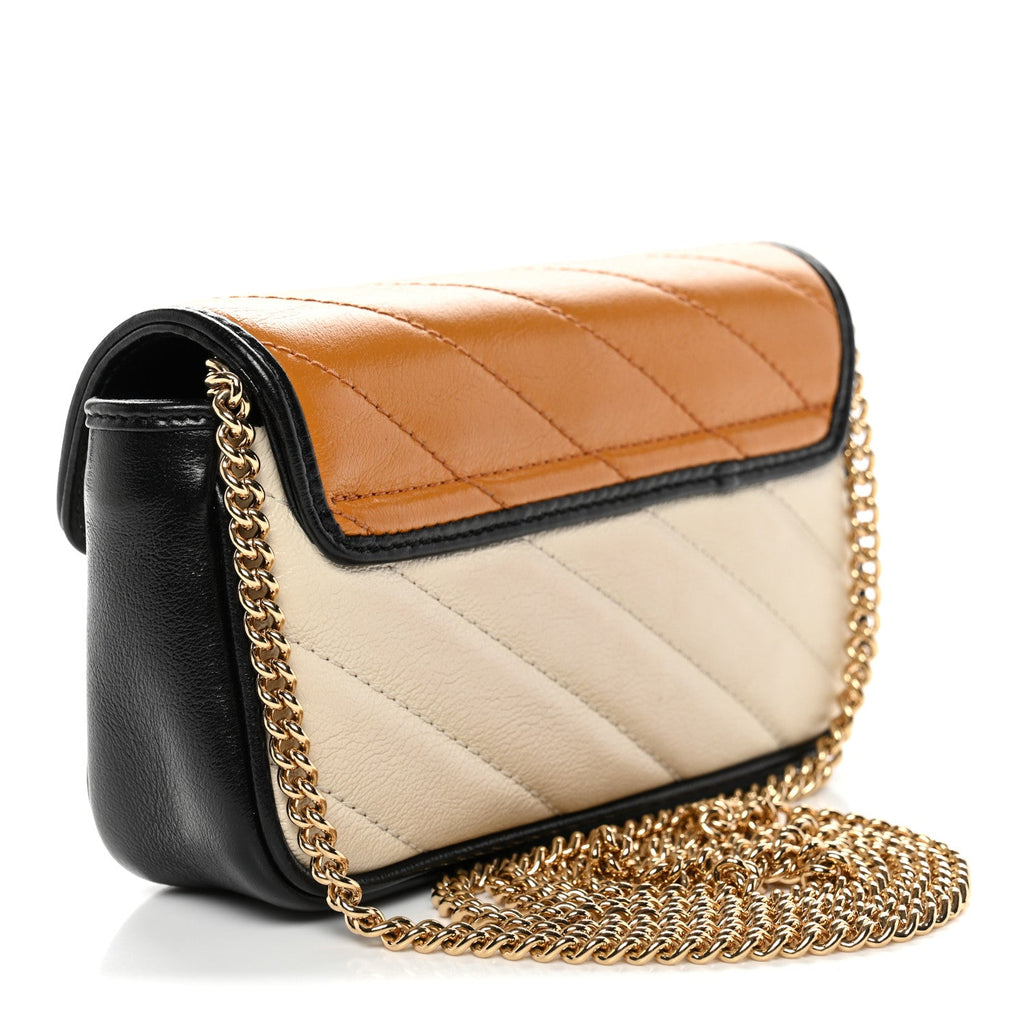 Vintage Effect Calfskin Matelasse Diagonal Super Mini Torchon GG Marmont Shoulder Bag  Cognac Mystic White Blue Agata