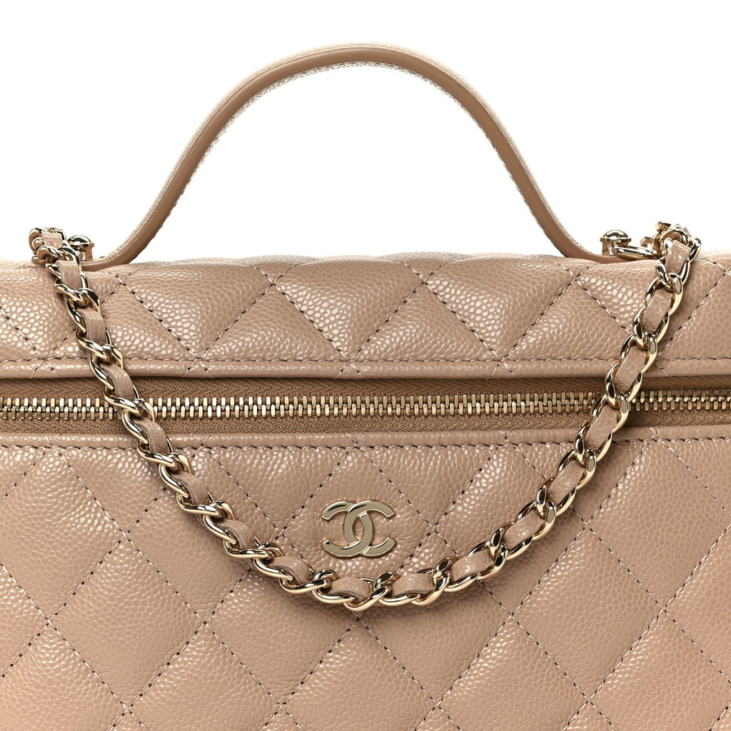 Caviar Quilted Top Handle Slim Vanity With Chain Dark Beige