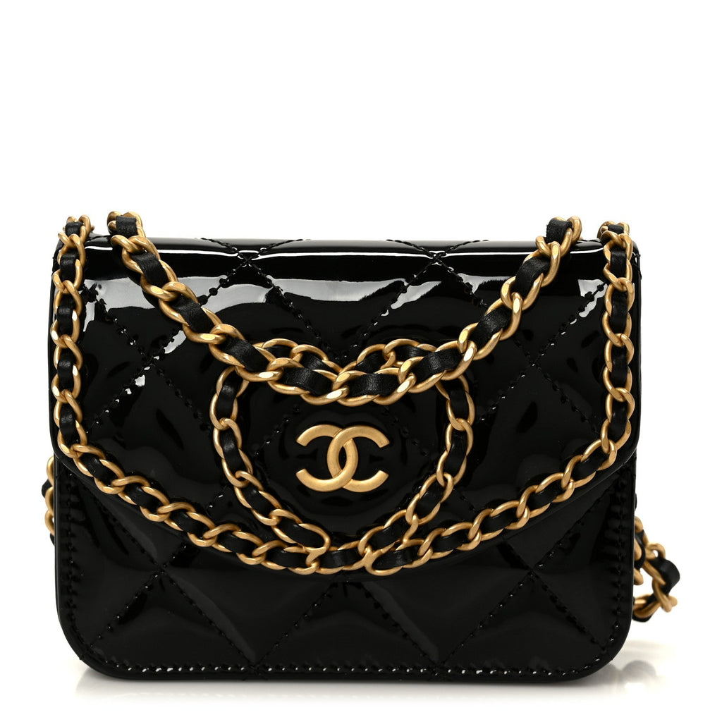 Patent Quilted Chain Around Heart Mini Chain Flap Black