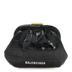 Shiny Supple Calfskin Logo Crocodile Embossed Cloud Coin Purse Black White