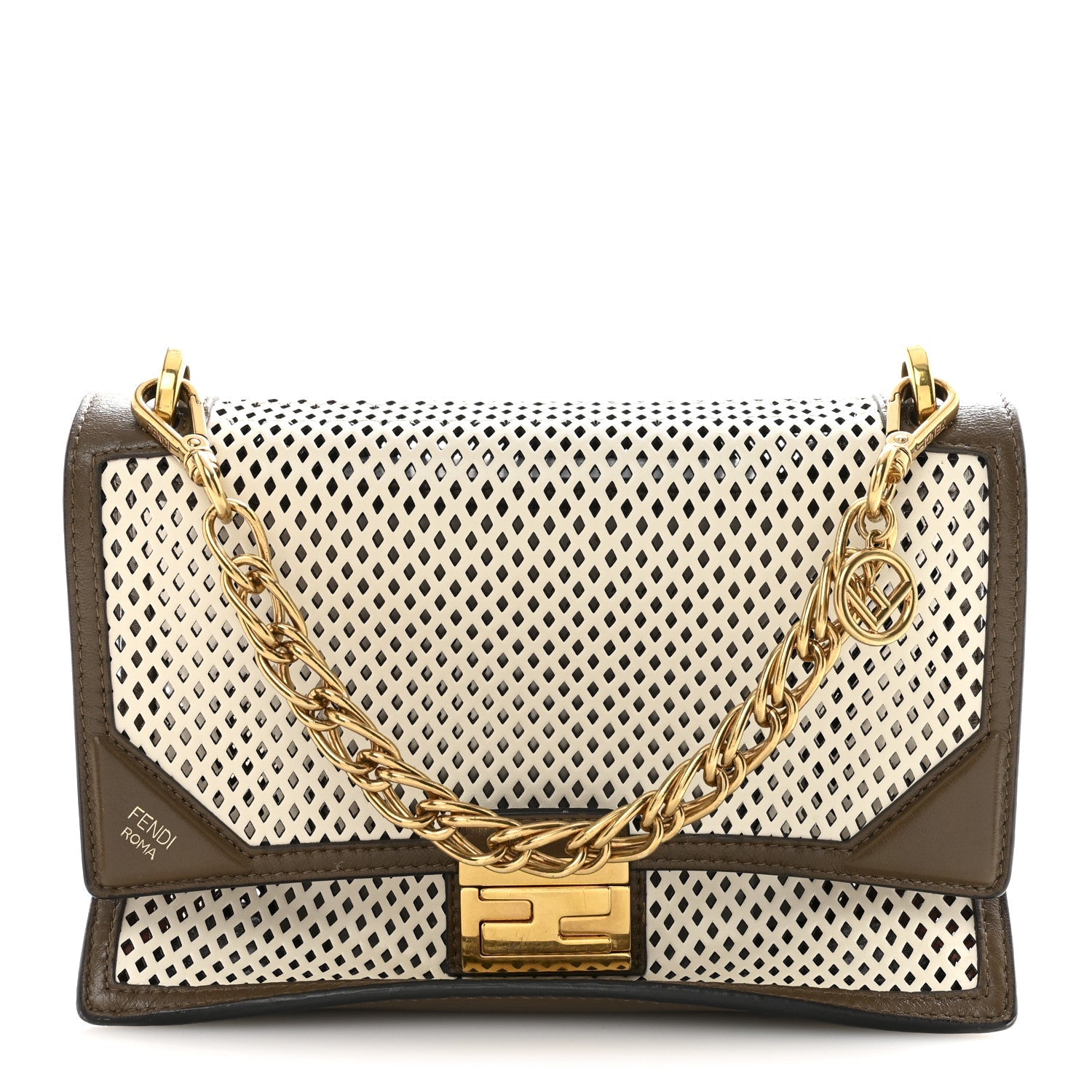 Vitello Liberty Glossy Lambskin F is Fendi Perforated Kan U Shoulder Bag White Ice Rust Maya