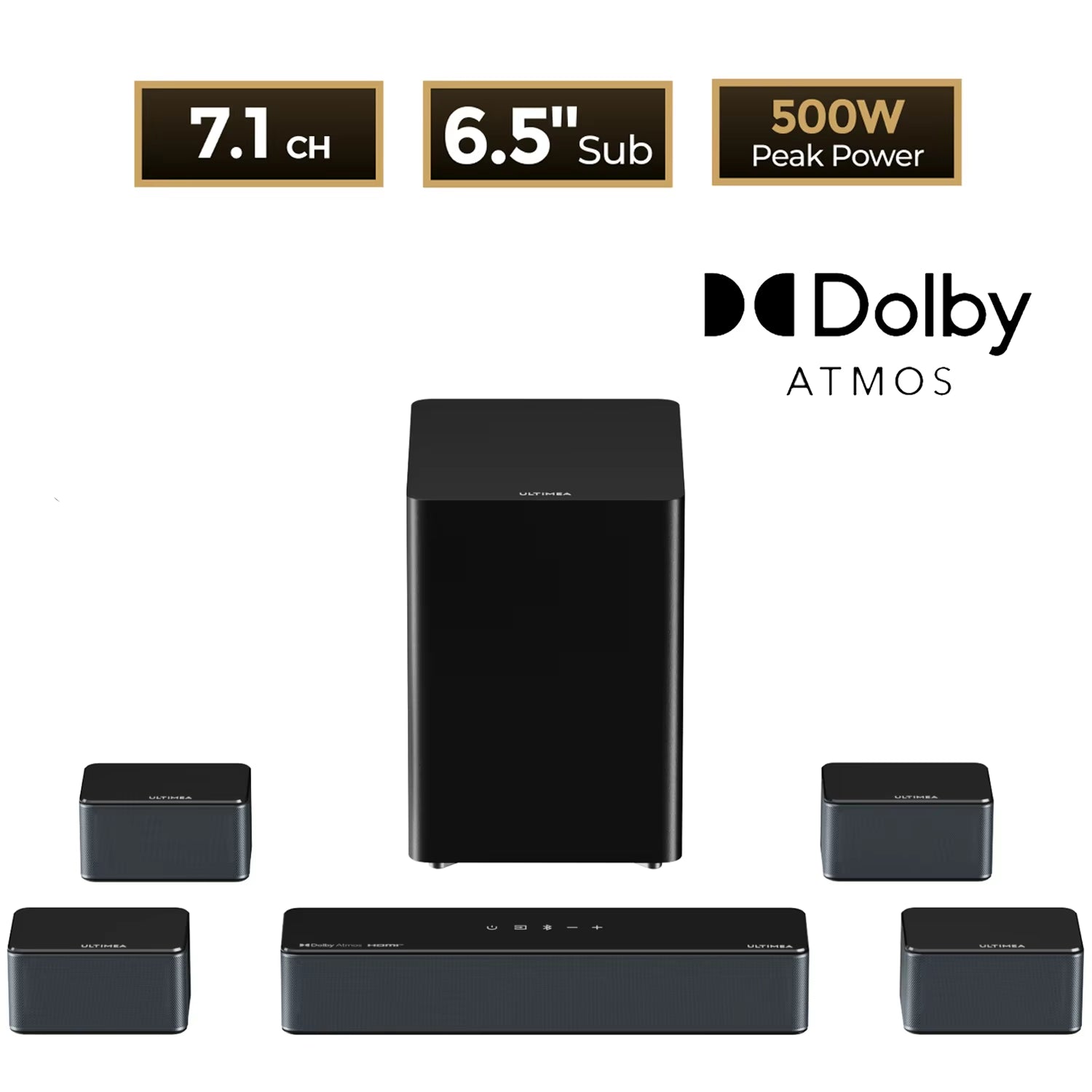 500W 7.1 Channel Dolby Atmos Soundbar Home Theater System with Wireless Subwoofer and Four Surround Speakers, App-Controlled - D80 Boom