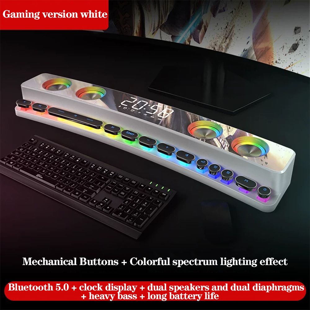 3600mAh Bluetooth Wireless Game Speaker soundbar USB 3D Stereo Subwoofer AUX FM Home Clock Indoor Sound Bar Computer Loudspeaker - Black Basic