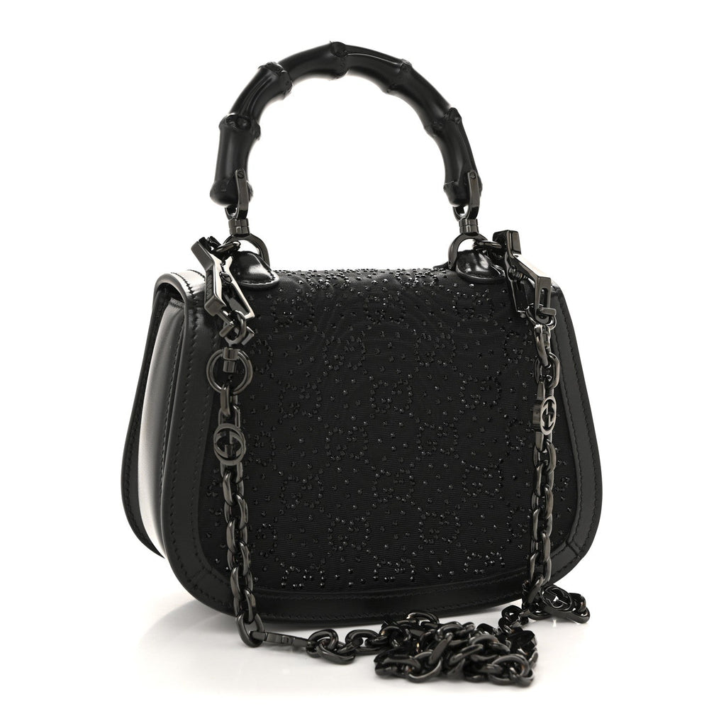 Moire Fabric Calfskin Rhinestone Monogram Monochrome Mini Bamboo 1947 Top Handle Chain Bag Black