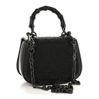 Moire Fabric Calfskin Rhinestone Monogram Monochrome Mini Bamboo 1947 Top Handle Chain Bag Black