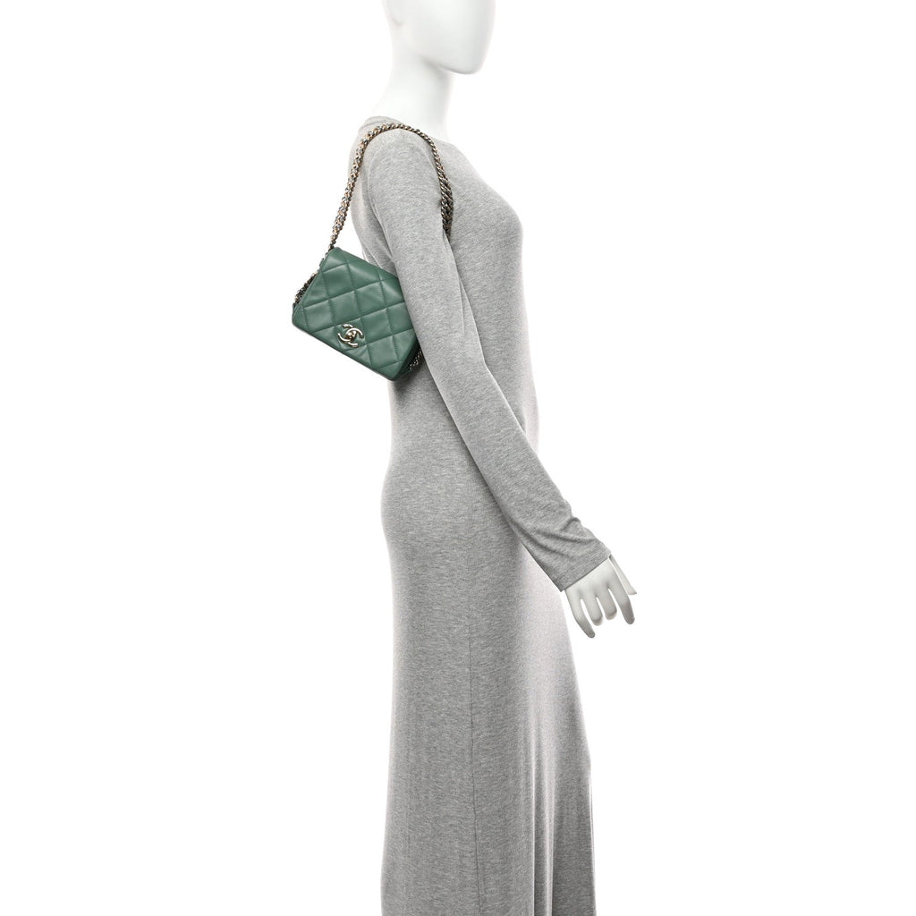 Lambskin Quilted Mini Chain Rows Flap  Green