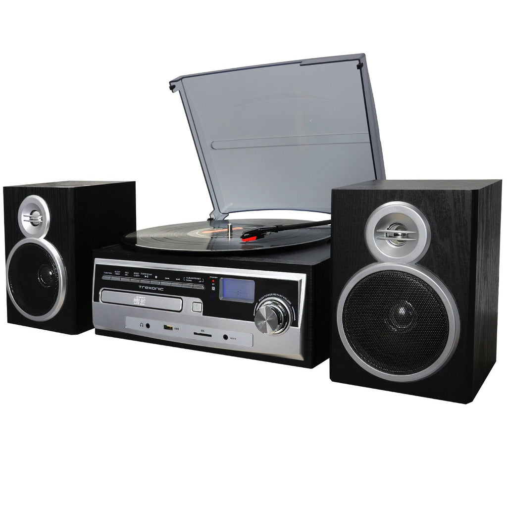 3-Speed Vinyl Turntable Home Stereo System with CD Player, FM Radio, Bluetooth, USB/SD Recording and Wired Shelf Speakers