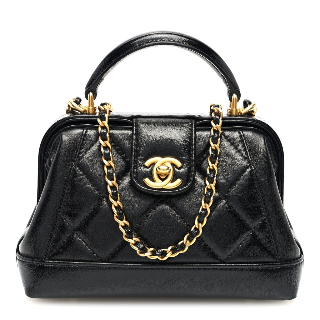 Shiny Lambskin Quilted Mini Cocodoc Top Handle Bag Black