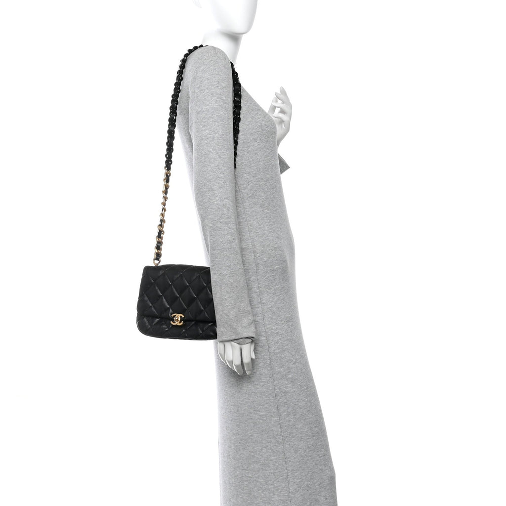 Lambskin Quilted Small Lacquered Chain Flap Black