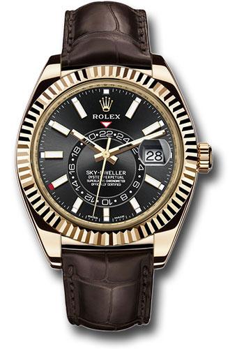 Rolex Yellow Gold Sky-Dweller  - Black Index Dial - Brown Leather Strap - 326138 bk