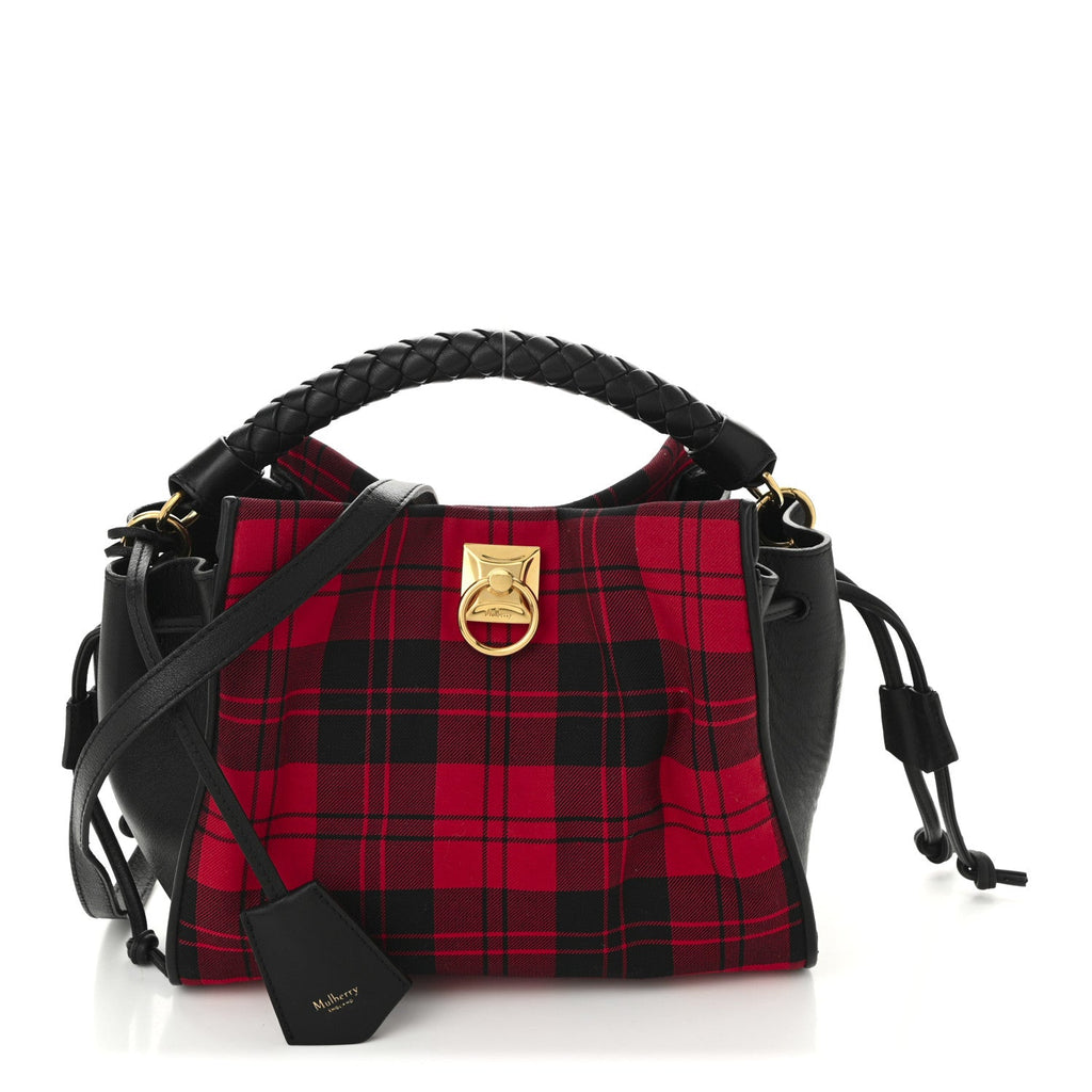 Calfskin Tartan Cotton Canvas Small Iris Tote Black Red Multicolor