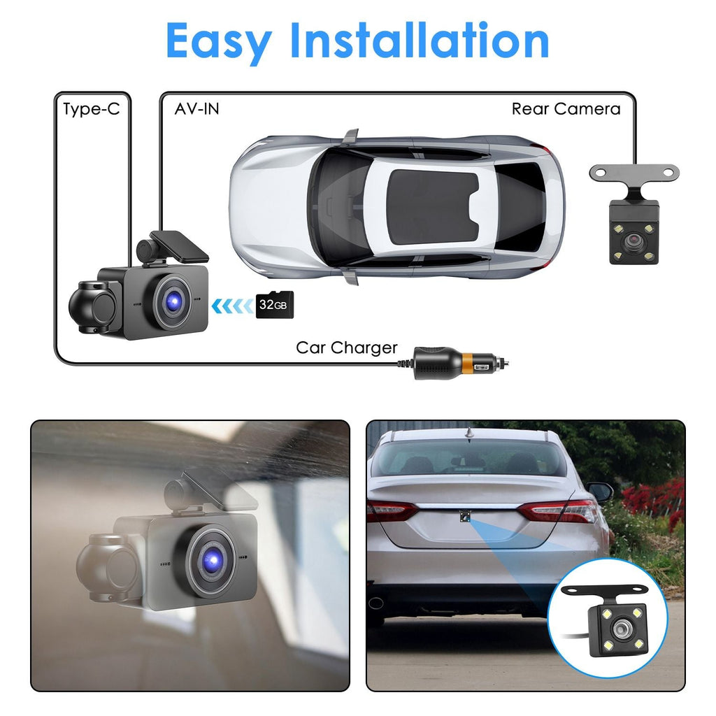 Car Dash Cam 3 Channel with Infrared Night Vision (4 IR Lights/Per Side), 1080P Front & 480P Inside/Rear Cameras, Parking Reverse Image & Motion Detection for 24H Security