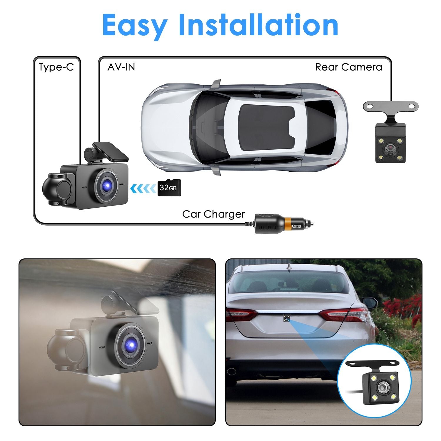 Car Dash Cam 3 Channel with Infrared Night Vision (4 IR Lights/Per Side), 1080P Front & 480P Inside/Rear Cameras, Parking Reverse Image & Motion Detection for 24H Security
