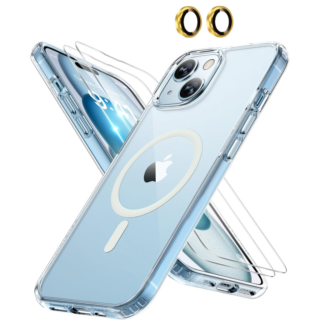 Entronix Bundle Compatible with iPhone 14 - [Magnetic] Clear Case, 2 Clear Screen Protectors & 1 Metallic Camera Lens Protector