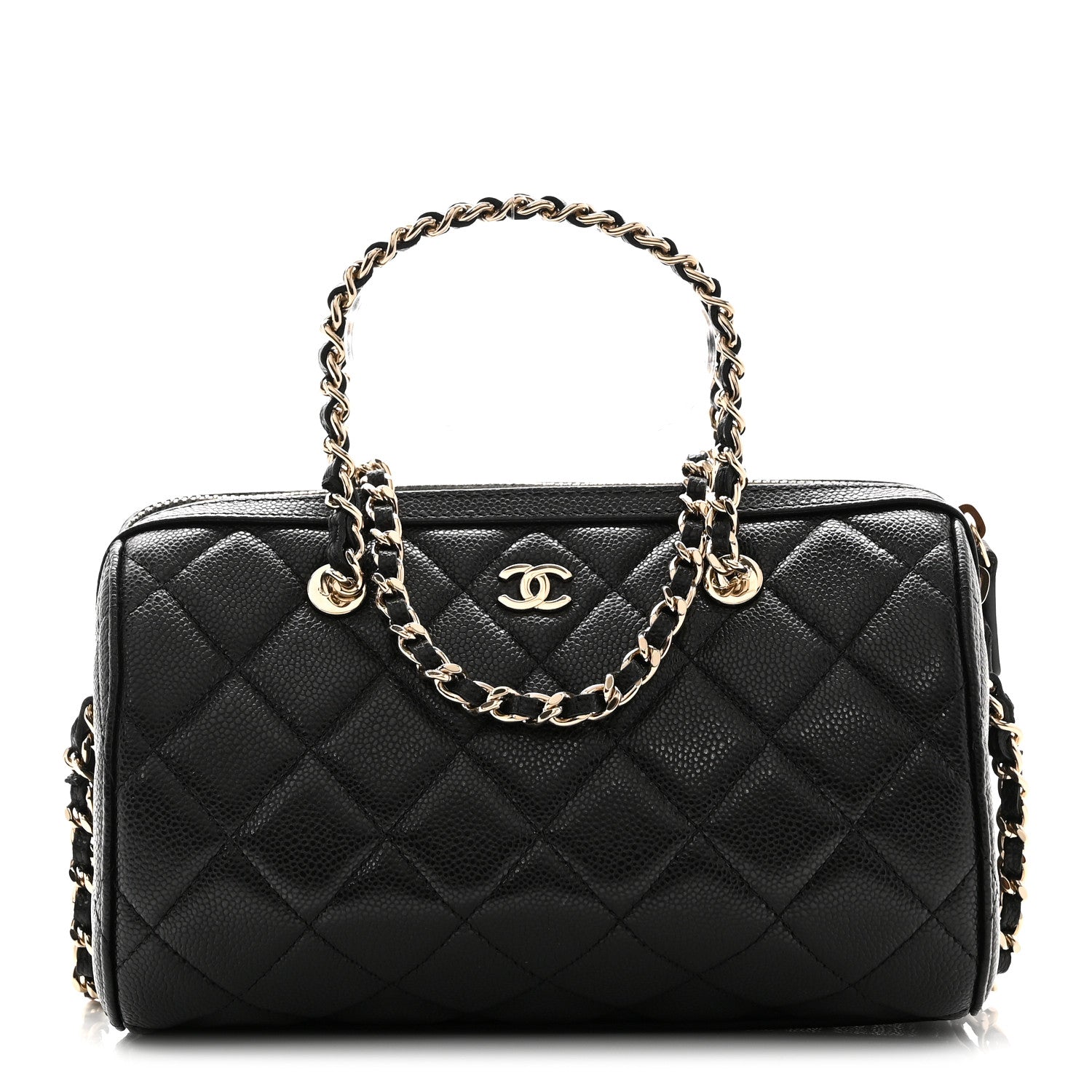 Caviar Quilted Barrel Clutch With Chain  Black