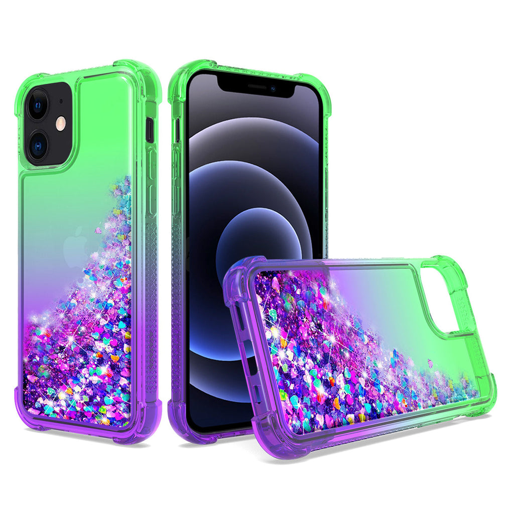 Shiny Flowing Glitter Liquid Bumper Case For Apple Iphone 12 Mini In Green