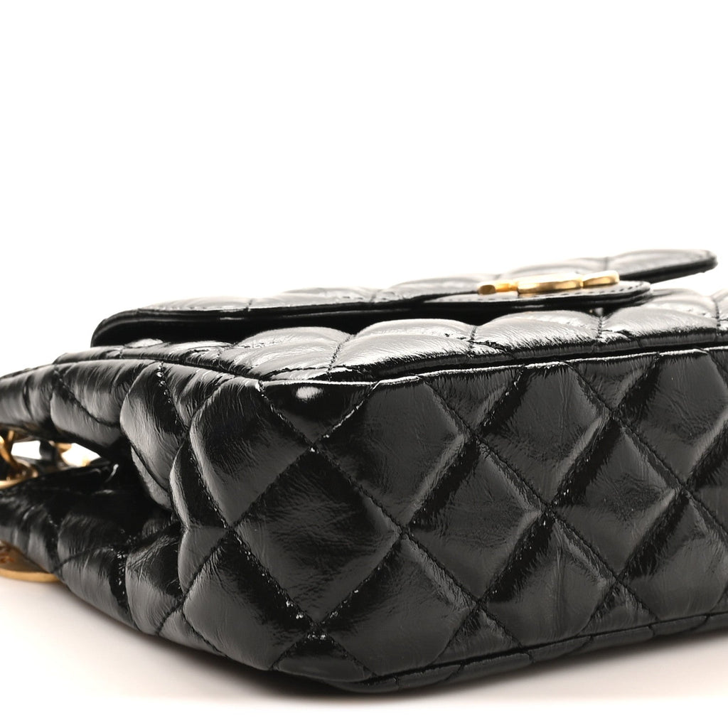 Shiny Crumpled Calfskin Quilted Small Wavy CC Hobo Black