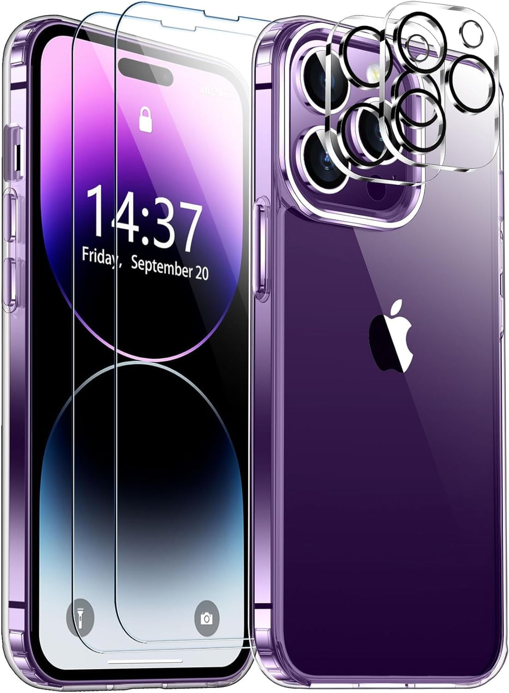 Entronix Bundle Compatible with iPhone 14 Pro - [Hard] Clear Case, 2 Clear Screen Protector & 2 Camera Lens Protectors