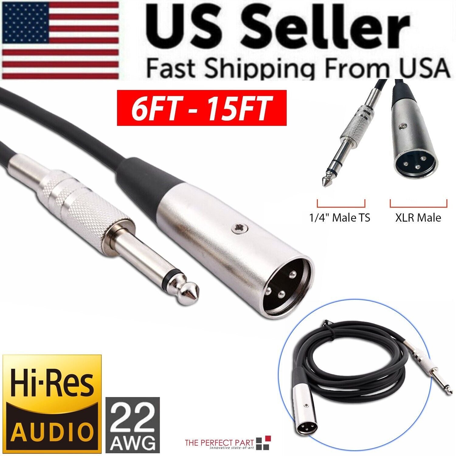 3-Pin Male To 1/4" Plug TS Microphone Mono Cable Unbalanced Shielded Audio - 10 ft