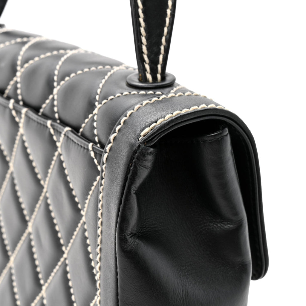 Calfskin Quilted Wild Stitch Large Top Handle Flap Black