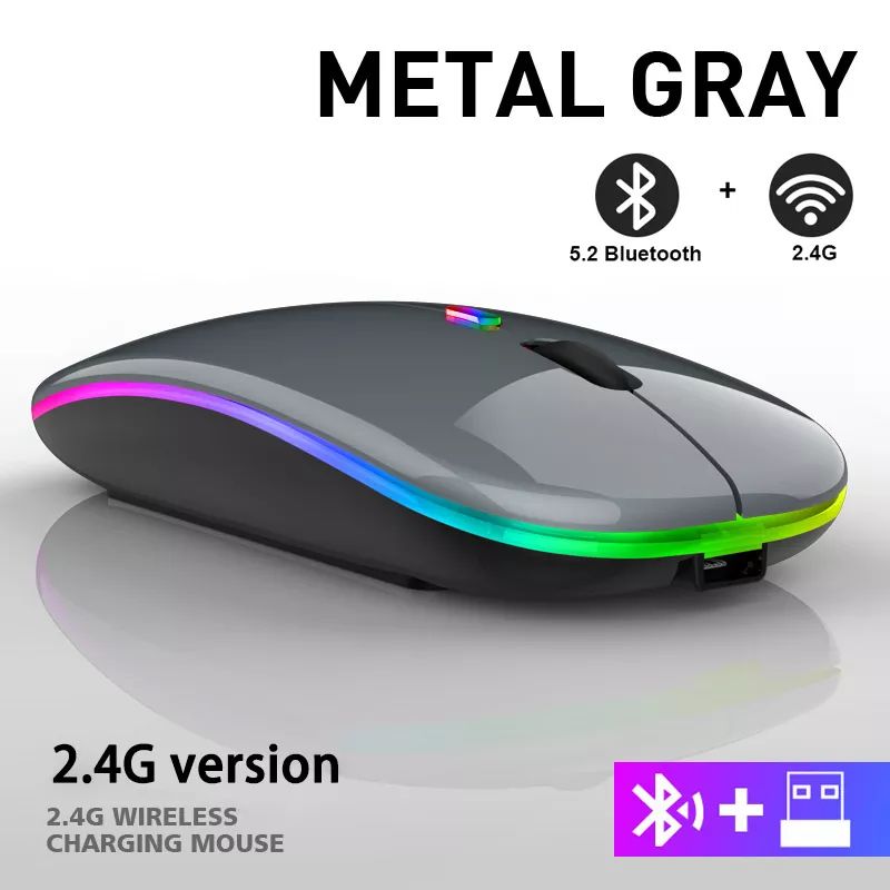 Rechargeable Bluetooth Wireless Mouse with 2.4GHz USB RGB 1600DPI Mouse for Computer Laptop Tablet PC Macbook Gaming Mouse Gamer- Dual Mode