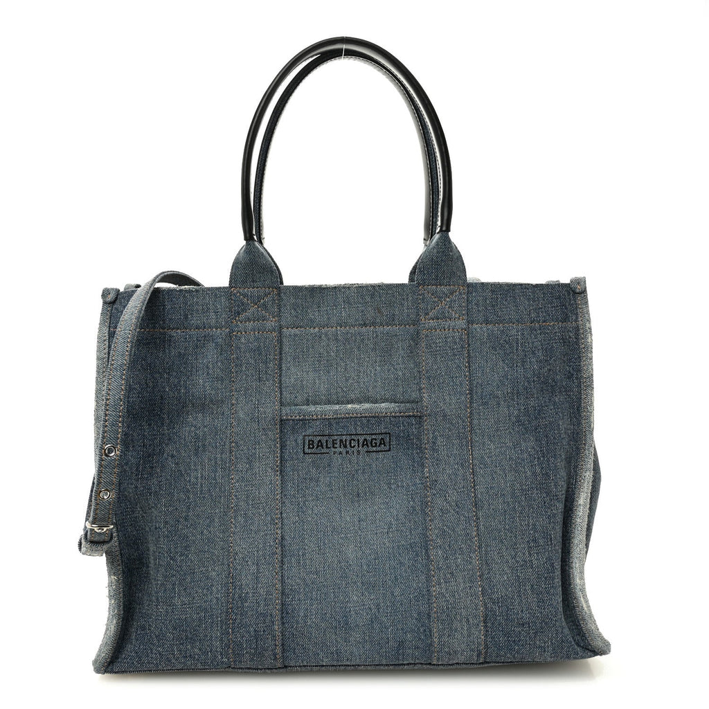 Washed Frayed Denim Logo Medium Hardware Tote Blue