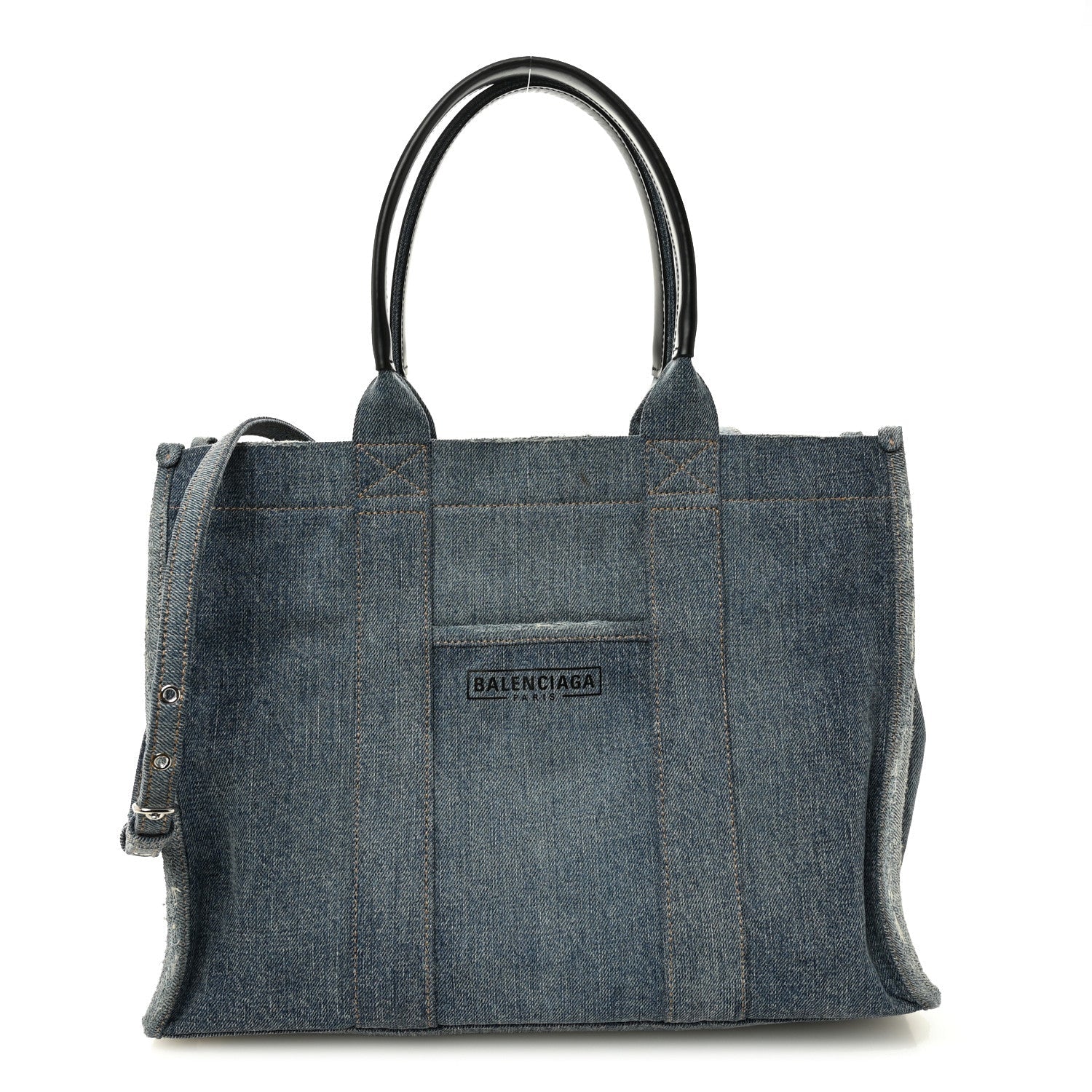Washed Frayed Denim Logo Medium Hardware Tote Blue