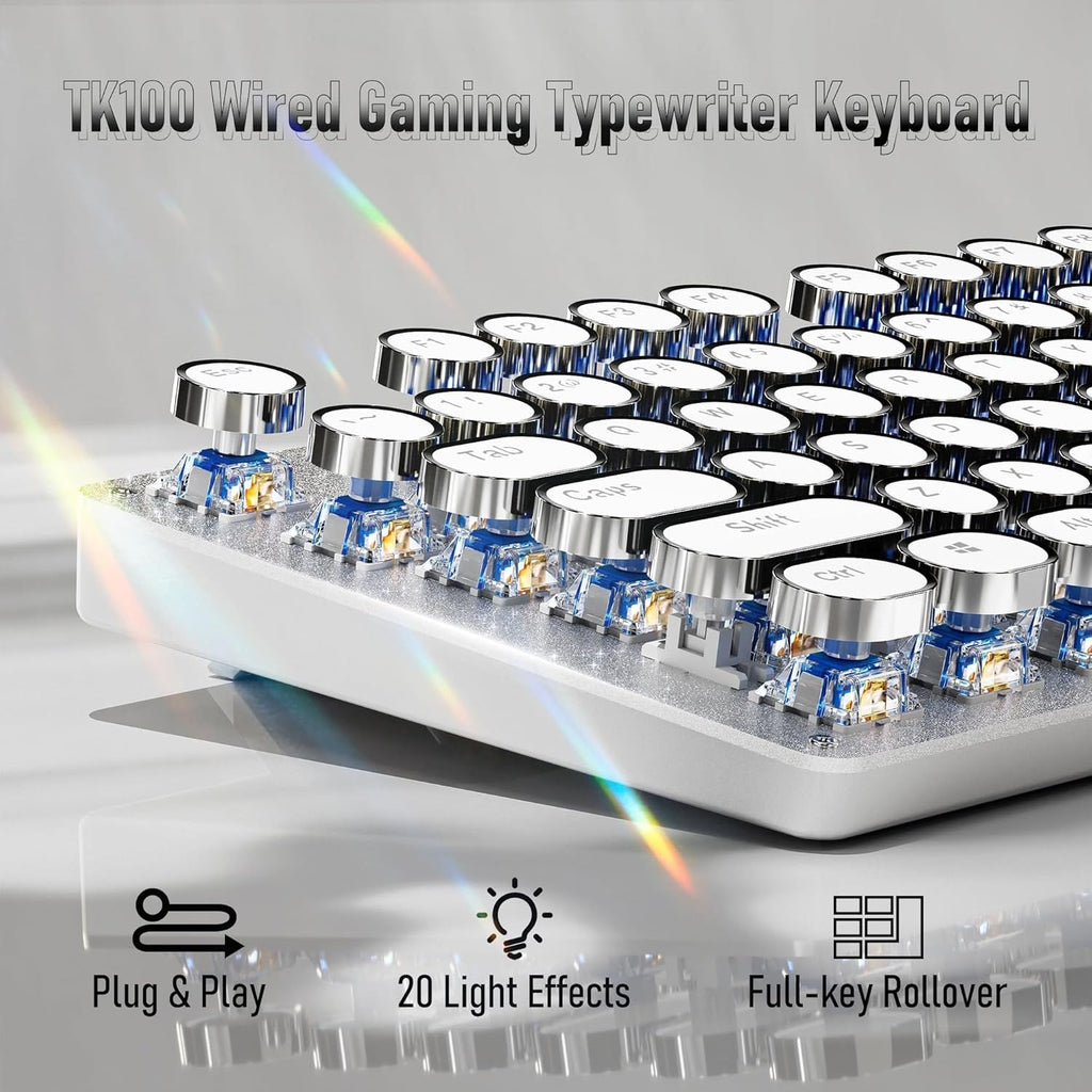 Typewriter Style Wired Mechanical Keyboard, 104 Keys Aesthetic Typewriter Keyboard with White Backlit, Anti-Ghosting, Blue Switch Wired Cute Keyboards-White