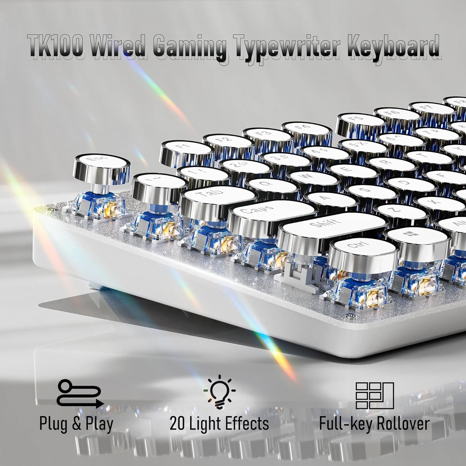 Typewriter Style Wired Mechanical Keyboard, 104 Keys Aesthetic Typewriter Keyboard with White Backlit, Anti-Ghosting, Blue Switch Wired Cute Keyboards-White