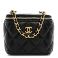 Lambskin Quilted Mini Pearl Crush Vanity Case With Chain Black