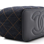 Denim Quilted Vanity Case With Chain Dark Blue