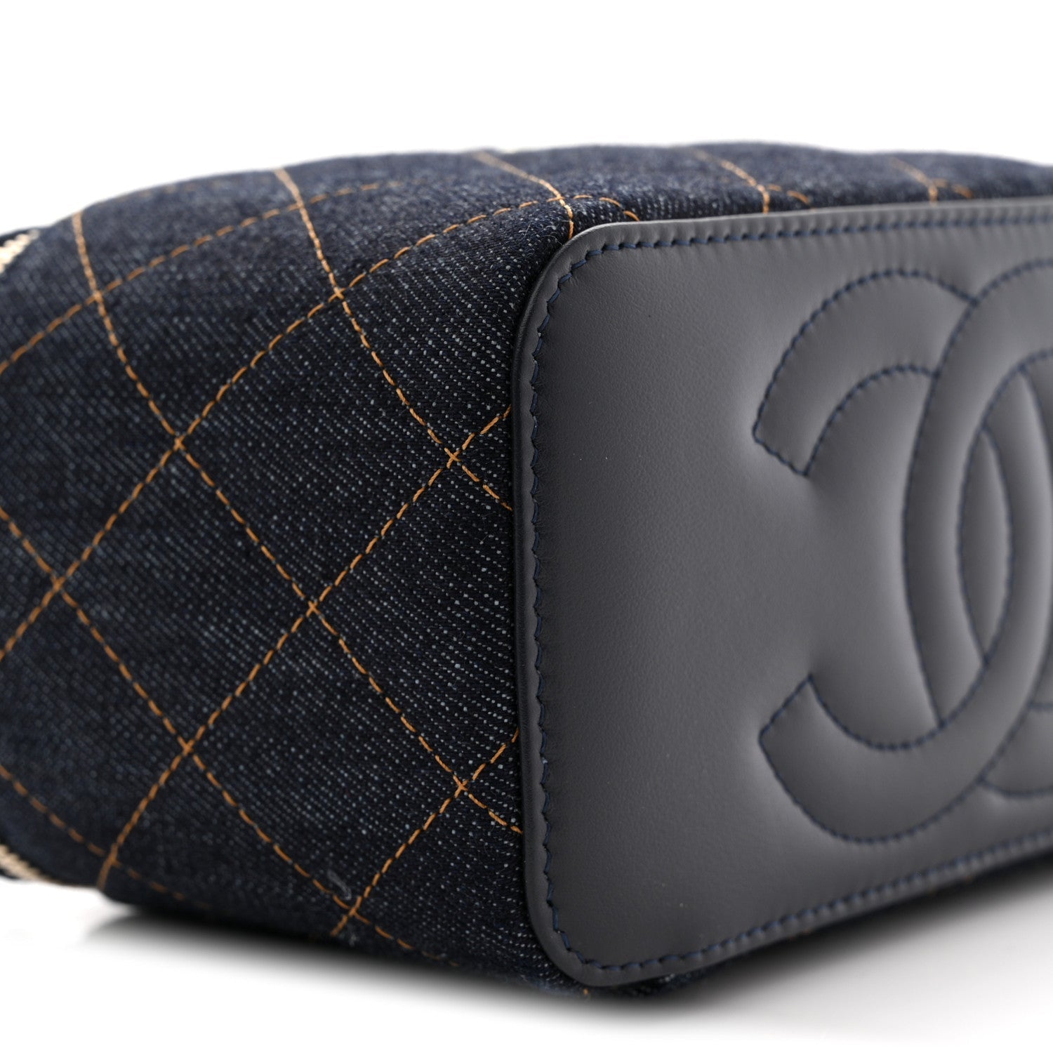Denim Quilted Vanity Case With Chain Dark Blue